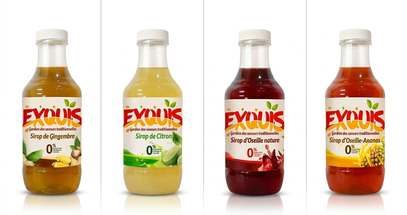 La collection EXQUIS — quatre sirops naturels artisanaux du Cameroun